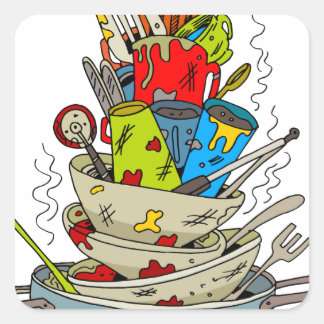 Stapel van Dirty Dishes Cartoon Vierkante Sticker