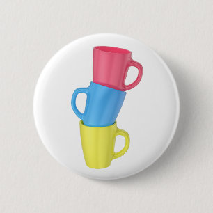 Stapel van drie kleurrijke keramische mokken ronde button 5,7 cm