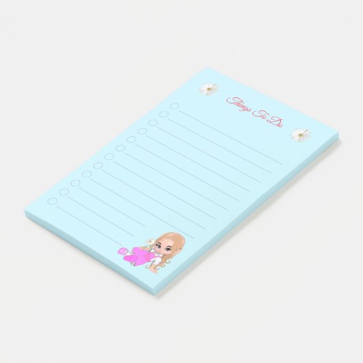 Stapelbakken en daisy bloemen op lichtblauw post-it® notes (Schuin)