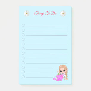 Stapelbakken en daisy bloemen op lichtblauw post-it® notes