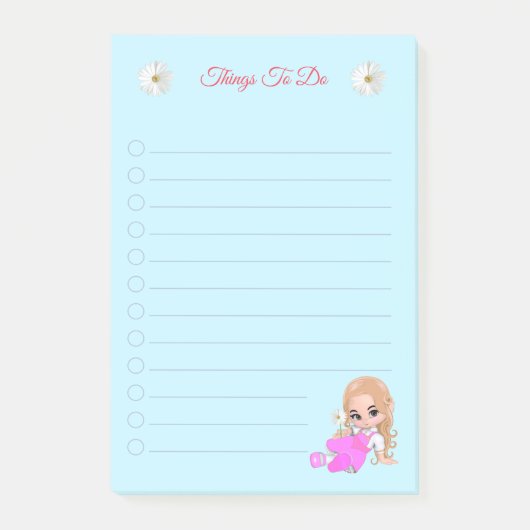 Stapelbakken en daisy bloemen op lichtblauw post-it® notes (Voorkant)