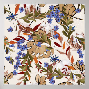 Stapelbloeiende bloemen Bloemen liegen met groene Poster