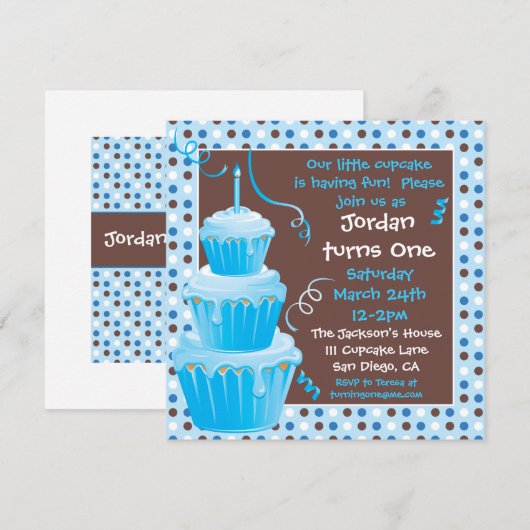 Stapelde Cupcakes 1st Birthday Party met polkadots Kaart (Voorkant / Achterkant)