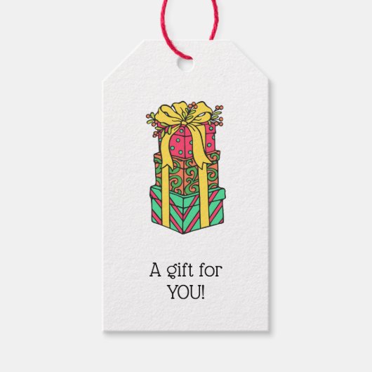 Stapelde gevlekte kerstcadeautjes cadeaulabel (Voorkant)