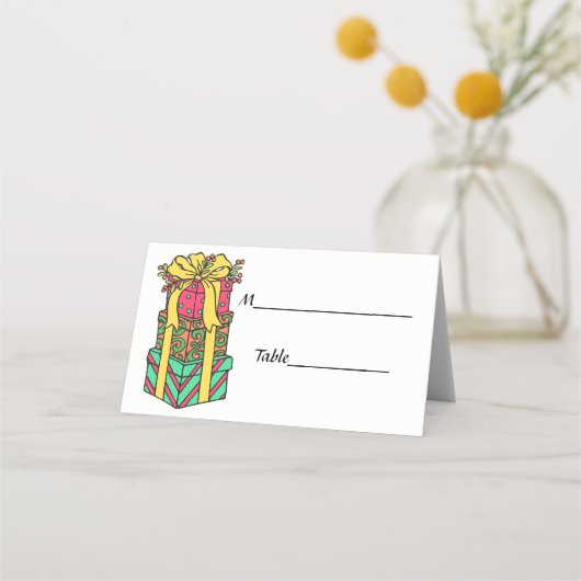 Stapelde gevlekte kerstcadeautjes plaatskaartje (Achterkant)