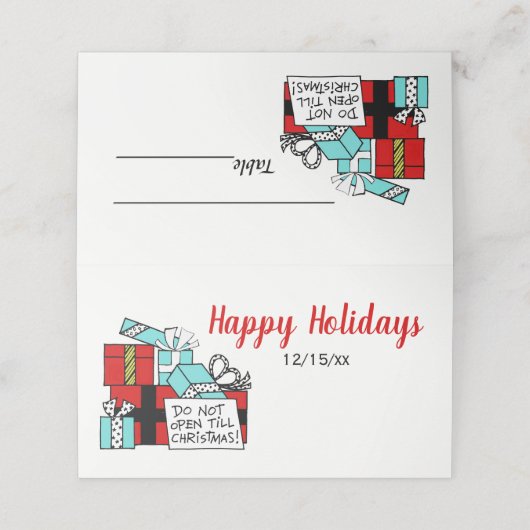 Stapelde gevlekte kerstcadeautjes plaatskaartje (Buitenkant ongevouwen)