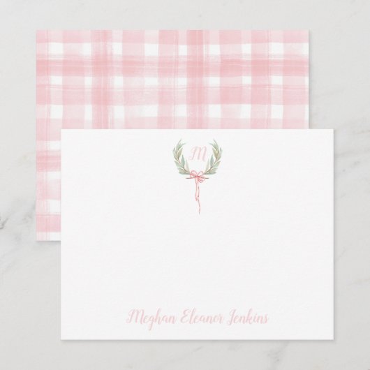 Stapelgoed van Roze Gingham Laurel Crest Bedankkaart (Voorkant / Achterkant)
