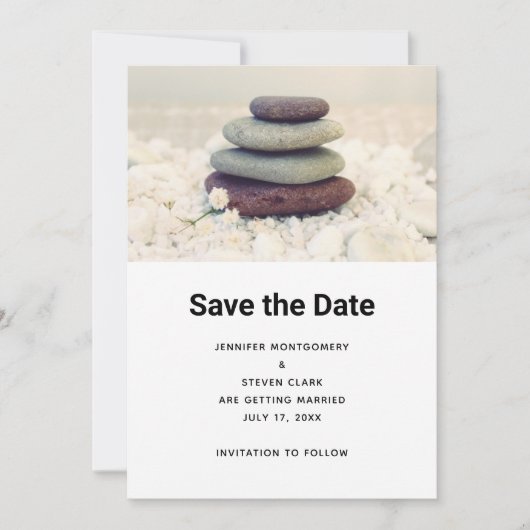 Stapelstenen Meditatieve Cairn bruiloft Save The Date (Voorkant)