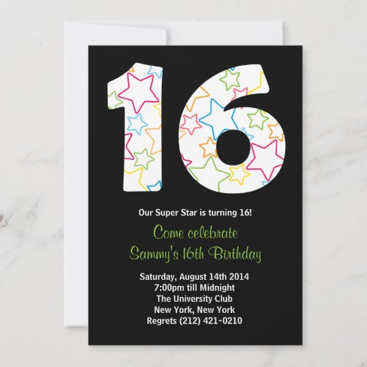 Star 16th Birthday Party Invitation Kaart (Voorkant)
