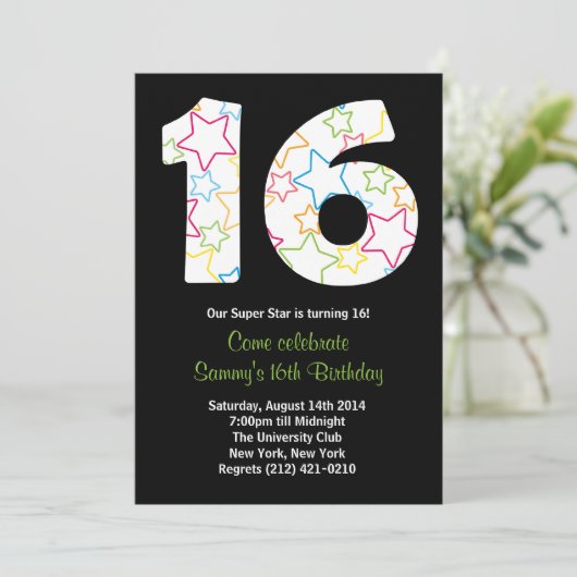 Star 16th Birthday Party Invitation Kaart (Staand voorkant)