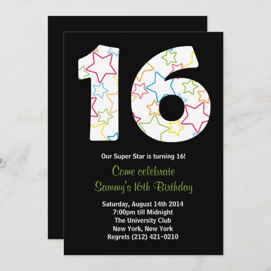 Star 16th Birthday Party Invitation Kaart (Voorkant / Achterkant)