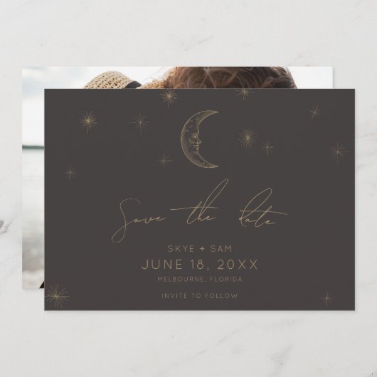 Star and Moon Celestial Save the Date with Photo (Voorkant / Achterkant)