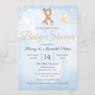 Star and Moon Teddy Bear Blue Boy's Baby shower Kaart