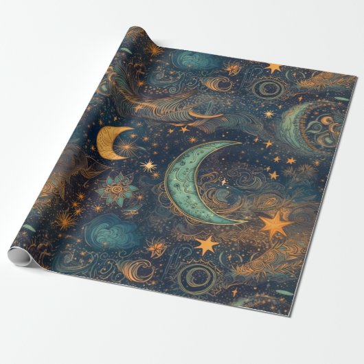 Star and Moon Winter Night Sky - Fantasie en droom Cadeaupapier (Uitgerold)