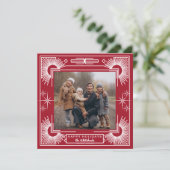 Star Art Deco Foto Gelukkige Vakantie Rood Feestdagenkaart (Staand voorkant)