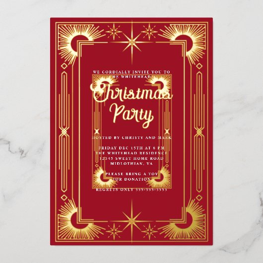 Star Art Deco Kerstvakantie Folie Uitnodiging (Voorkant)