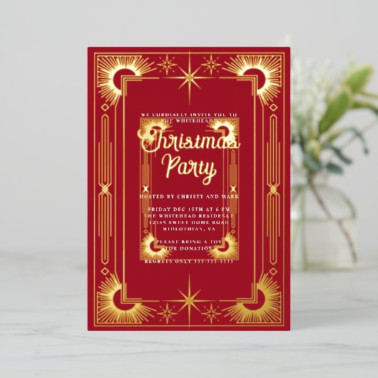 Star Art Deco Kerstvakantie Folie Uitnodiging (Staand Voorkant)