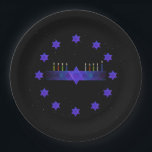 Star Bar Menorah Papieren Bordje<br><div class="desc">Voor je Chanoeka feest. Een paarse en blauwe fractal afbeelding, met een Magen David (davidster), in het midden, als een Chanoeka menorah. Allemaal op een starfield achtergrond. Dit afbeelding is ook beschikbaar op Chanukkah feestuitnodigingen en vele andere items.</div>