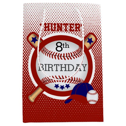 Star Baseball Player Birthday - Dark Red en Blue Medium Cadeauzakje (Voorkant)