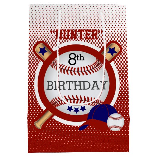 Star Baseball Player Birthday - Dark Red en Blue Medium Cadeauzakje (Achterkant)