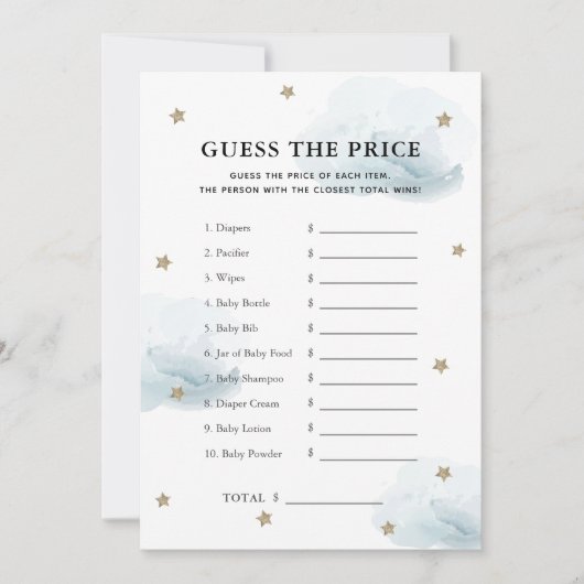 Star & Blue Cloud Raad de prijs Baby shower spel Kaart (Voorkant)