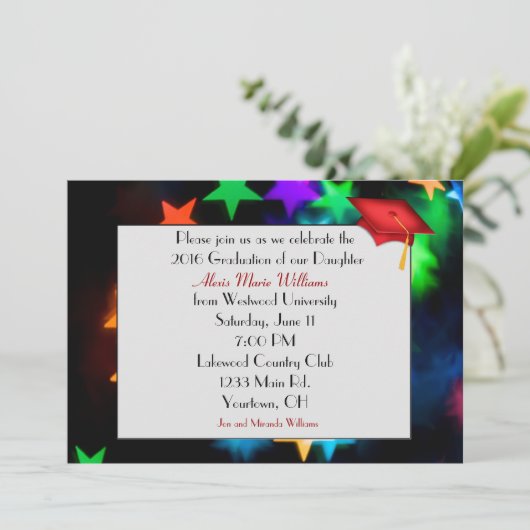 Star Bokeh met rood Afstuderen Pet Kaart (Staand voorkant)