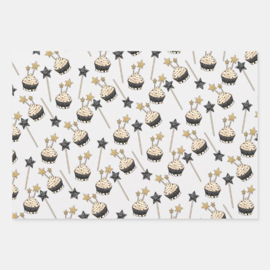 Star Celebration | Black and Gold Cupcake Party Inpakpapier Vel (Voorkant)