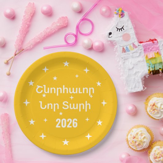 Star Clock New Year Paper Plates in Armenian  Papieren Bordje (Feest)