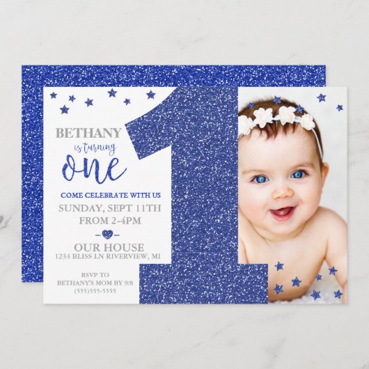 Star Confetti First Birthday Faux Glitter Invite Kaart (Voorkant / Achterkant)