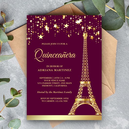Star Confetti Gold Eiffel Tower Pink Quinceanera Kaart