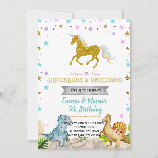 Star dinosaurus eenhoorn feestthema uitnodiging (Voorkant)