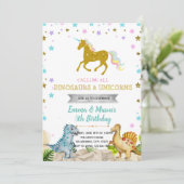 Star dinosaurus eenhoorn feestthema uitnodiging (Staand voorkant)