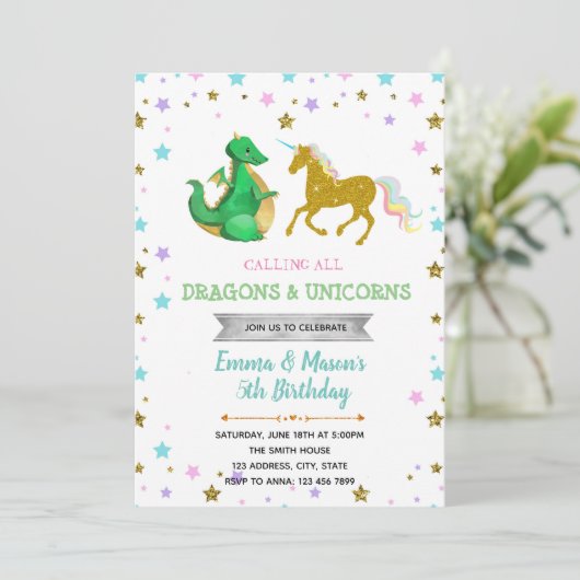 Star dragon unicorn party thema uitnodiging (Staand voorkant)