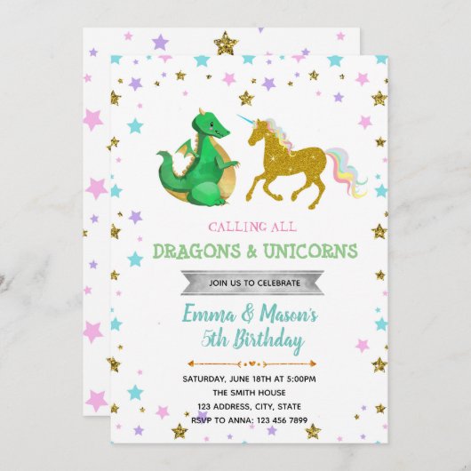Star dragon unicorn party thema uitnodiging (Voorkant / Achterkant)