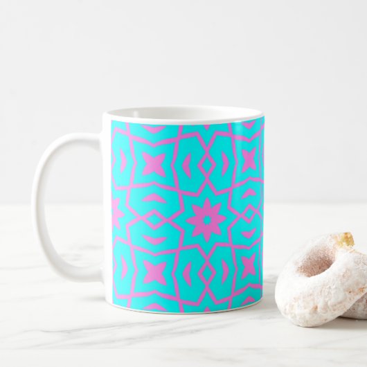Star Flower Pattern in Pink and Turquoise Koffiemok (Met donut)