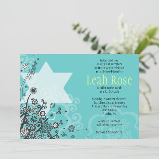 STAR FLOWERS Bat Mitzvah Uitnodiging (Staand voorkant)