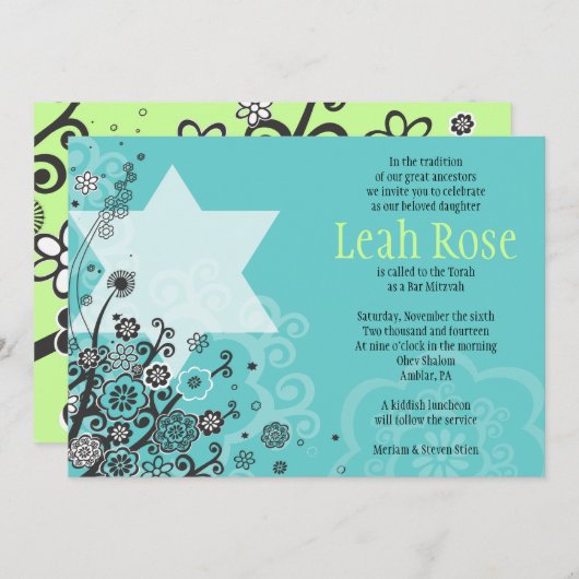 STAR FLOWERS Bat Mitzvah Uitnodiging (Voorkant / Achterkant)