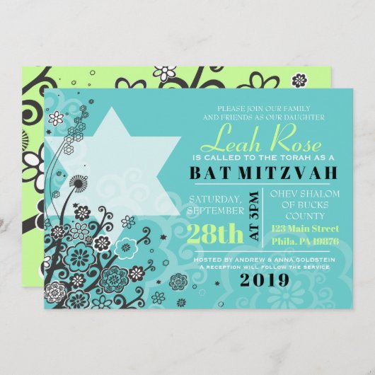 STAR FLOWERS Bat Mitzvah Uitnodiging (Voorkant / Achterkant)