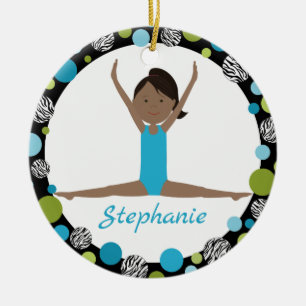 Star Gymnast Dark Hair Ponytail in Aqua en Green Keramisch Ornament