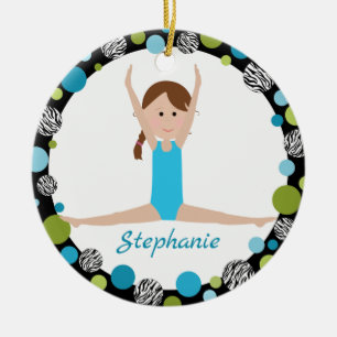 Star Gymnast met bruin Braid in Aqua en groen Keramisch Ornament
