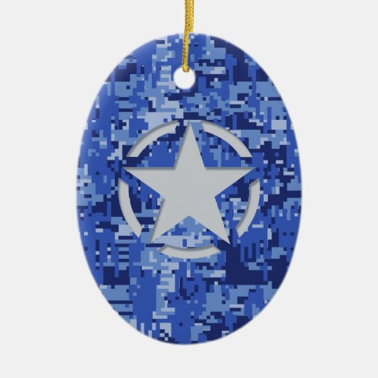 Star Label Decal Navy Blue Camo Keramisch Ornament (Voorkant)