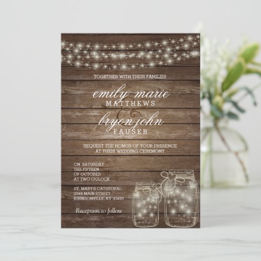 Star Light Mason Jar op Rustic Wood Weddenschap Kaart (Staand voorkant)