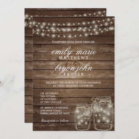 Star Light Mason Jar op Rustic Wood Weddenschap Kaart (Voorkant / Achterkant)