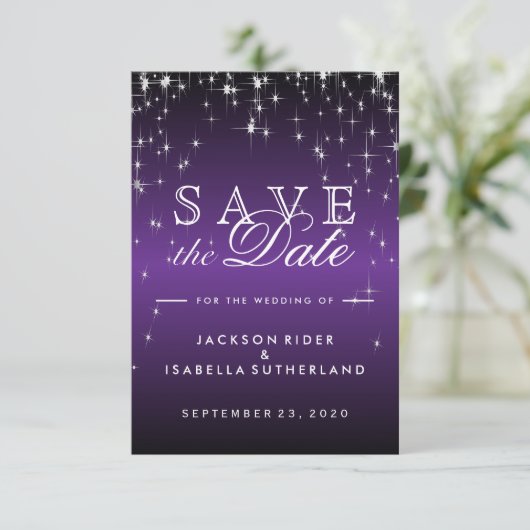 Star Lights in Metallic Paars - Sla de datum op Save The Date (Staand voorkant)