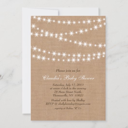 Star Lights on Burlap Baby shower Invitation Kaart (Voorkant)