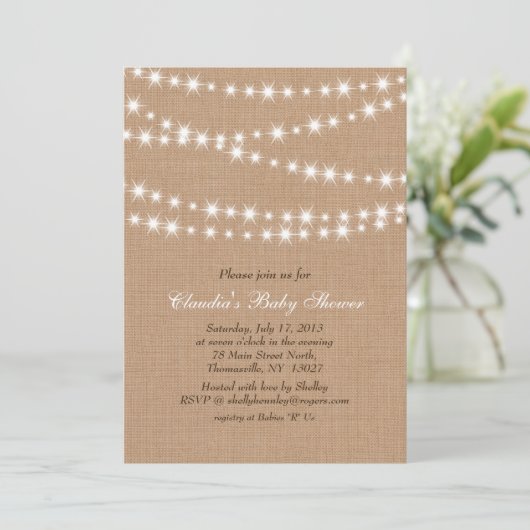 Star Lights on Burlap Baby shower Invitation Kaart (Staand voorkant)