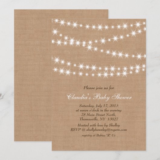 Star Lights on Burlap Baby shower Invitation Kaart (Voorkant / Achterkant)