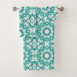 Star Mandala Pattern, Aqua, Turquoise, Cream Bad Handdoek