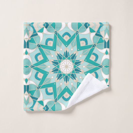 Star Mandala Pattern, Aqua, Turquoise, Cream Bad Handdoek (Wasdoekje)