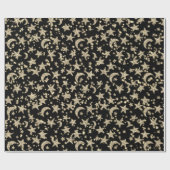 Star Moon Spark Night Galaxy Zwart Champagne Goud Cadeaupapier (Vlak)